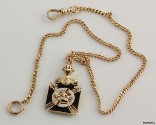 Knights Templar Masonic Fob & Watch Chain   10k Yellow Gold Enameled 