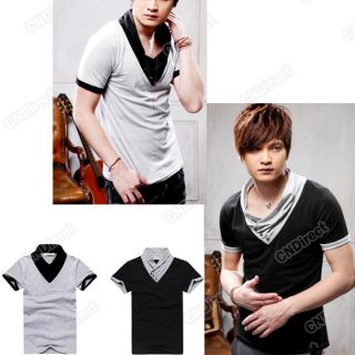Korean Fashion Style Mens 3 Buttons Faux Twinset Short Sleeve T shirt 