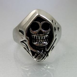 Biker Mens Black Silver Stainless Steel Grim Reaper Skull Ring Size 10