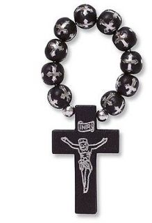   Silver Plate Black Wood Bead w Budded Cross Detail Cord Rosary Ring