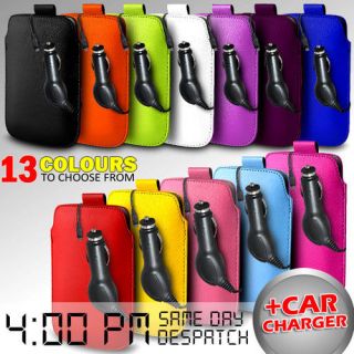 LEATHER PULL TAB POUCH CASE COVER & CAR CHARGER FOR VARIOUS HTC MOBILE