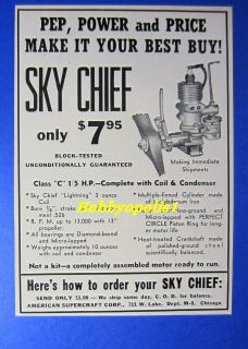   SUPERCRAFT CORP. Ad for Sky Chief Model Airplane Engine 1942 Magazine