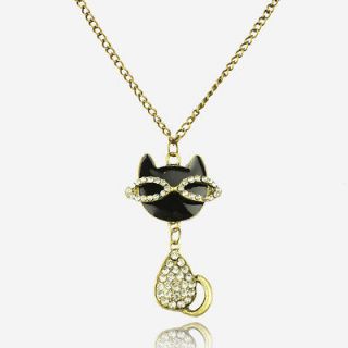   Retro Copper Crystal Enamel Lucky Cat Necklace Pendant T01B426K