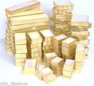 LOTS 100 GOLD COTTON FILLED JEWELRY GIFT BOXES w/ CLEAR TOP ASSORTED 