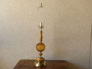 Vintage Mid Century Amber / Gold Hobnail Glass / Wood Table Light Lamp