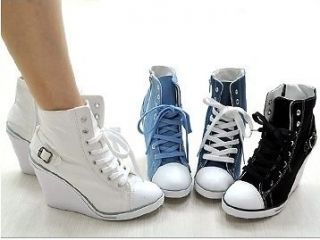 Women Canvas Wedge High Heels High Top Sneakers Boots Tennis Shoes 