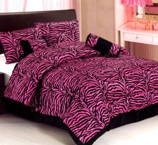 7PC Pink Zebra Animal Print Faux Fur Comforter Set KING/QUEEN *Free 
