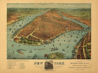 1879 City View New York City, Colored MAP, Boats, Harbor, Points 