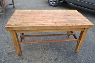 vintage butcher block table wood frame on casters workbench kitchen 