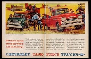 1958 Chevrolet red Apache pickup & green 5303 flatbed truck vintage 