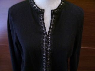 VALERIE STEVENS Black Cropped Cardigan Sweater Jet Beads Silver 