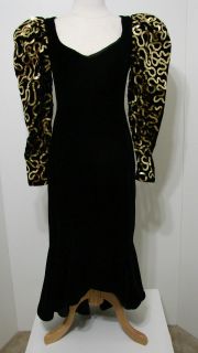 Vintage Dave & Johnny Black Puff Sleeve Gold Sequin Long Gown W/Flared 