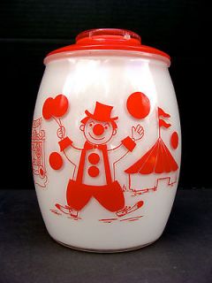 1950s Vintage Milk White Red Glass Circus Clowns Cookie Candy Jar