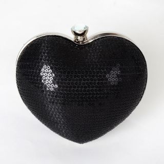 New Lady Shiny Beaded Black Sequin Heart Shaped Clutch Evening Bag w 