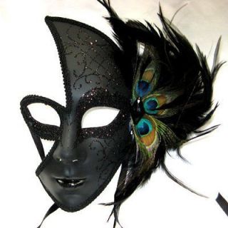 Female Venetian Mask black Sparkles Peacock Feather