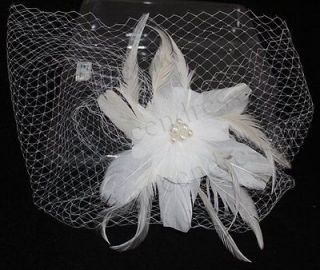  Birdcage Face Veil Bridal Fascinator Feather + Comb/In Stock/White