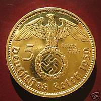 24 CARAT GOLD 5 Reichsmark 1937E Nazi Swastika coin*