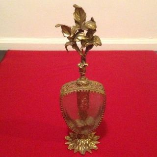 Vintage Antique Glass  Brass Perfume Bottle c1920s NICE Gilt Leaf 