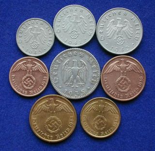 All 8 Nazi German Reichpfennig Coins W/Swastikas WWII