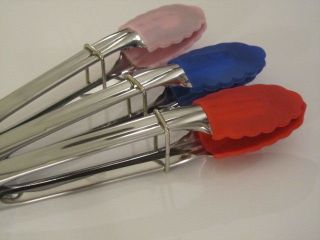   SILICON MINI GRIP TONGS 18CM PINK BLUE RED BBQ KITCHEN UTENSIL TONG