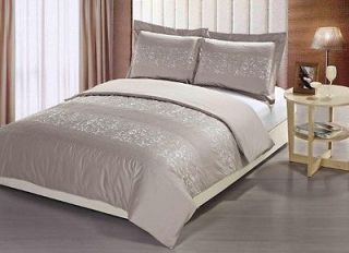 3pc White/Tan Floral Embroidered &Pintuck 230TC CottonSateen Duvet St 