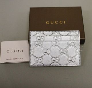 New Authentic GUCCI Guccissima Leather Card Holder Case Wallet Silver