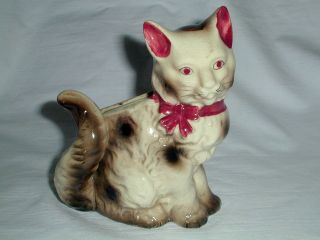 Vintage Pottery Cat Planter Gray with Maroon Bow