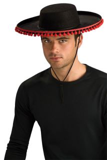 Mens Black Spanish Hat with Red Pom Poms Halloween Cinco de Mayo 