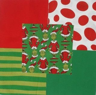   GRINCH STOLE CHRISTMAS Red dots Green Stripe Quilt Fabric Squares