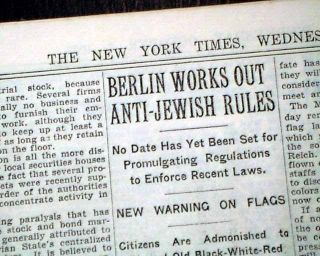1935 Newspaper NUREMBERG LAWS Jewish Holocaust SWASTIKA FLAG Nazis 