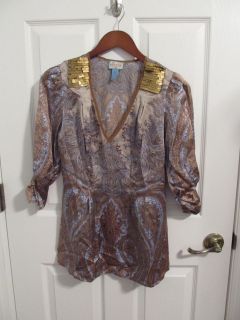 Anthropologie Plenty by Tracy Reese top  silk bluebronze taupe paisley 