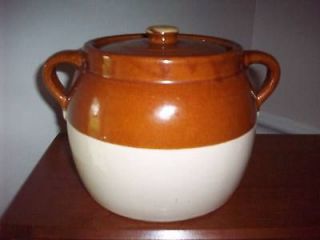 ANTIQUE CROCK BEAN POT WITH MATCHING LID, TWO HANDLES