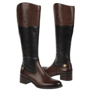   AIGNER CHIP ICONIC BLACK BROWN OXFORD LOGO ZIPPER TALL RIDING BOOTS