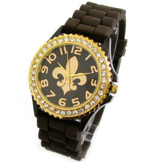 BROWN GOLD Silicone Rubber Band Fleur de Lis Dial Crystal Bezel WATCH