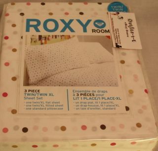 Roxy Quiksilver TWIN XL X LONG Sheet Set White cotton Pink Polka Dot 