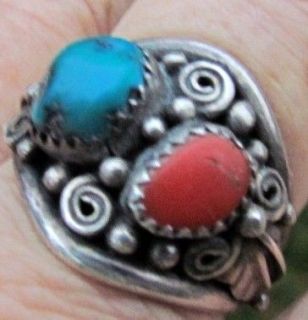 VINTAGE MENS WESTERN STERLING SILVER TURQUOISE CORAL RING 10 