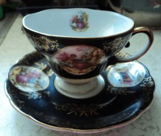 Vintage Royal Sealy Tea Cup and Saucer Onyx with Gold Enameling 
