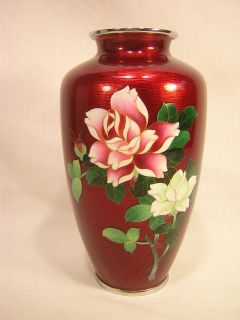 Ando Cloisonne 7 1/2 Red Floral Vase with Box ~ Marked