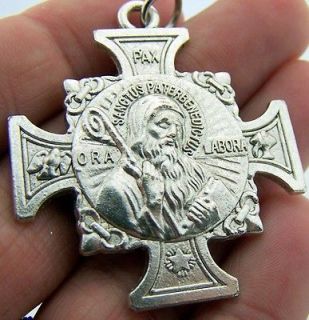   Mens Rare Silver Gild Cross Crucifix Medal Of Saint St Benedict 1 3/4