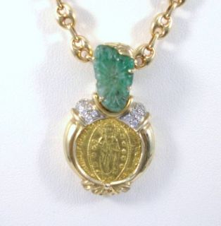 Christ gold coin 1 Ducat pendant 18k solid 19g Colombian Emerald 5ct 