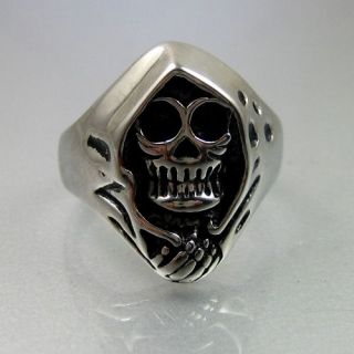 Biker Mens Black Silver Stainless Steel Grim Reaper Skull Ring