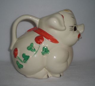 VINTAGE LARGE AMERICAN BISQUE PIG PIGGY WATER MILK PITCHER WITH RED 