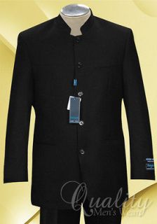 Black Nehru Collar 5 Button Suit 44R 38 Slacks Ferrecci Uomo Super 150 
