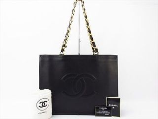 CHANEL Authentic CC Leather Tote Shoulder Shoppers Bag Black