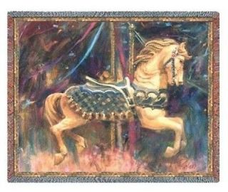 ANTIQUE CAROUSEL HORSE CHILDRENS TAPESTRY THROW AFGHAN BED BLANKET
