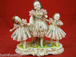 Antique Volkstedt Lace Dressed Three Sisters Porcelain Figurine
