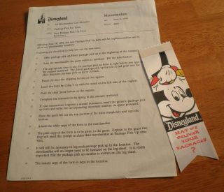 Disneyland 1994 Employee package pick up paperwork and ribbon TOUGH