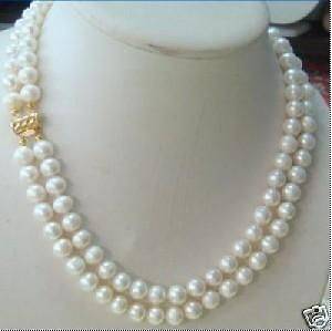 rows 8 9MM DOUBLE STRAND WHITE PEARL NECKLACE 14K GP clasp