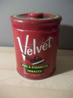 VINTAGE VELVET PIPE & CIGARETTE TOBACCO RED TIN CAN WITH LID ANTIQUE 