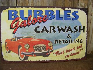 Vintage Look Tin Metal Bubbles Galore Car Wash SIGN Full Color 10 x 